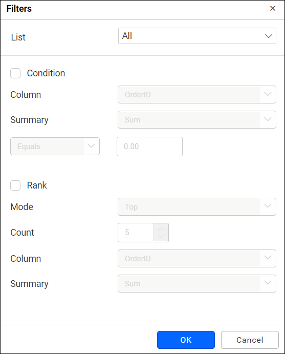 dialog for applying filter