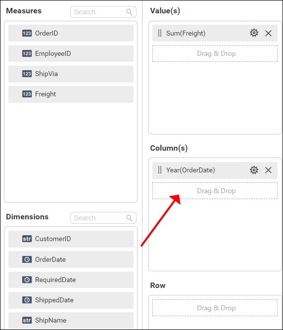 dropping dimension column in column section