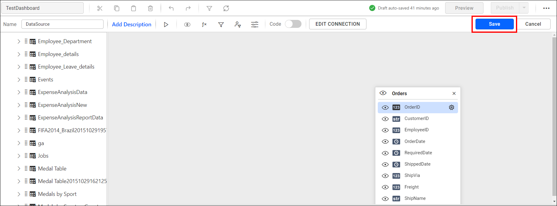 button for saving the data source
