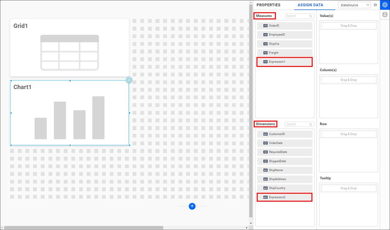 available sections in data configuration pane