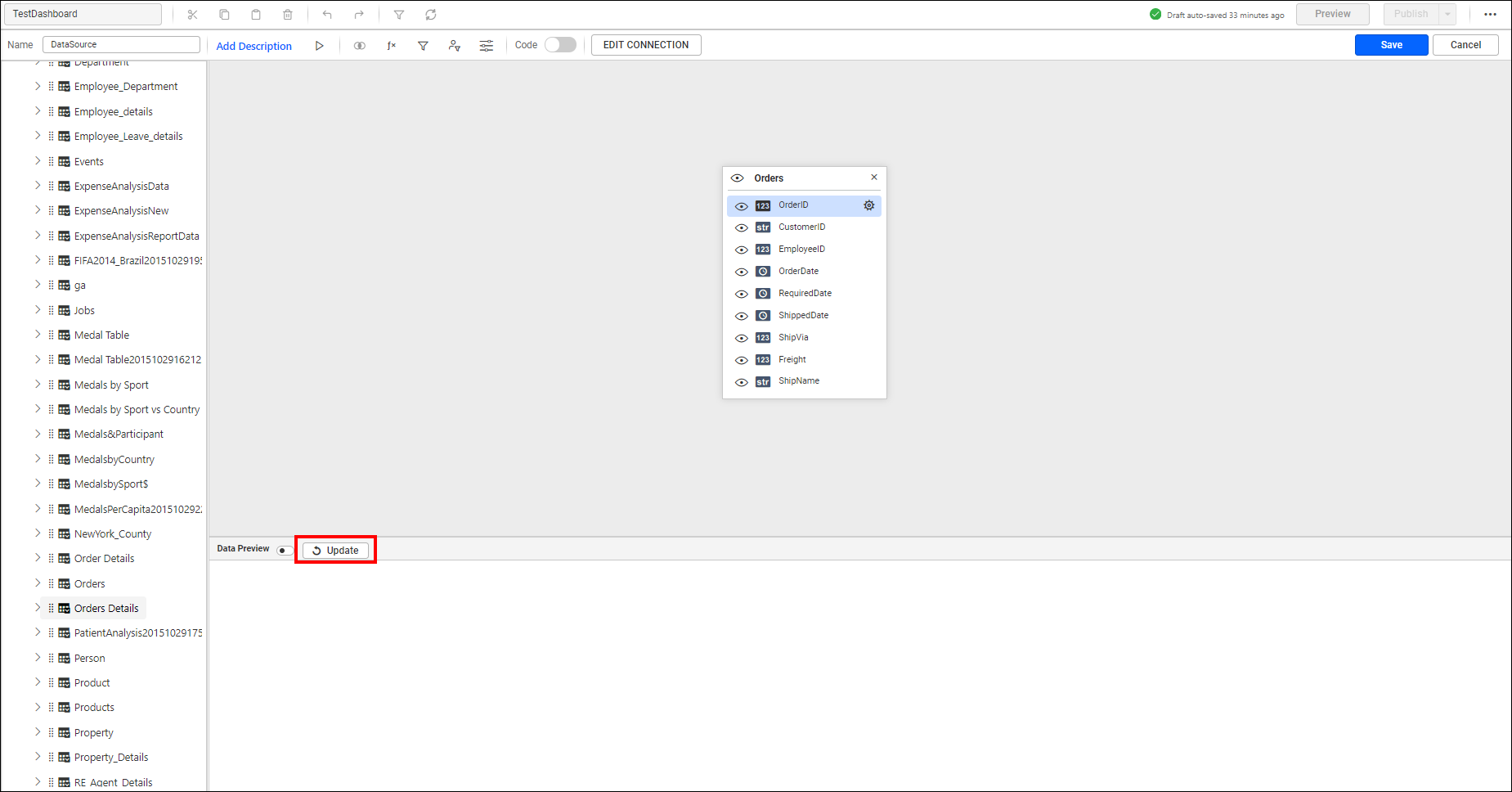 dropped table in canvas