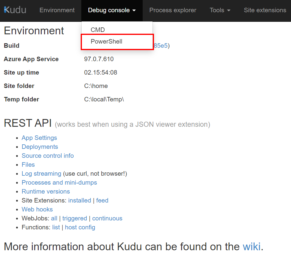 Kudu powershell window