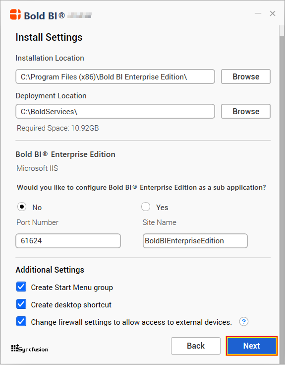 Installation Location, IIS Port and Site Name