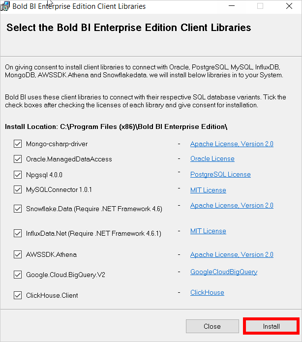 Installation Client Libraries Setup Dialog