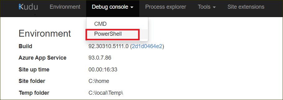Kudu Console poweshell options