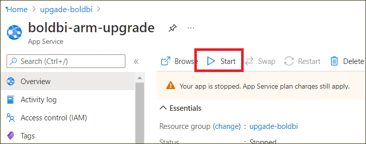 Start Bold BI Azure App Service