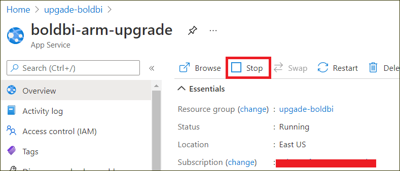 Stop Bold BI Azure App Service