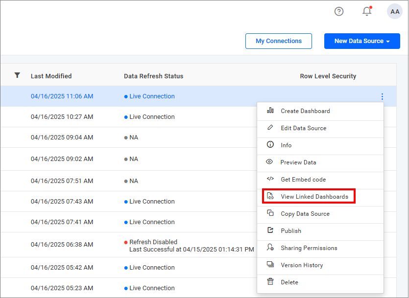 View Linked Dashboards Option