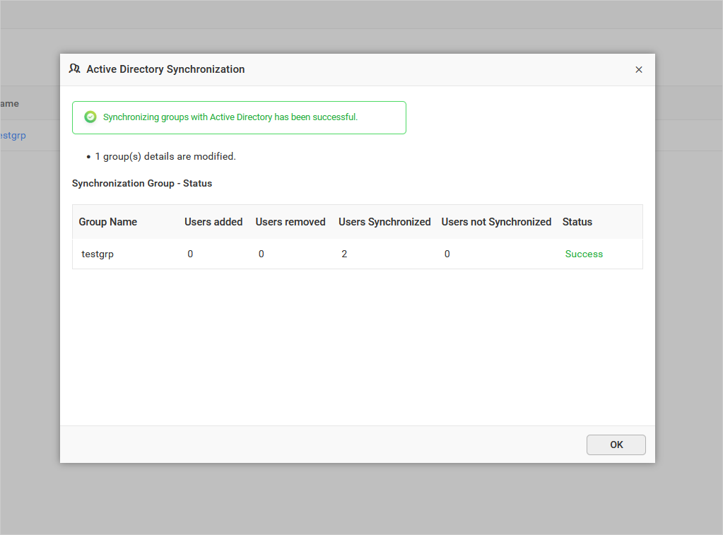 Synchronization confirmation window