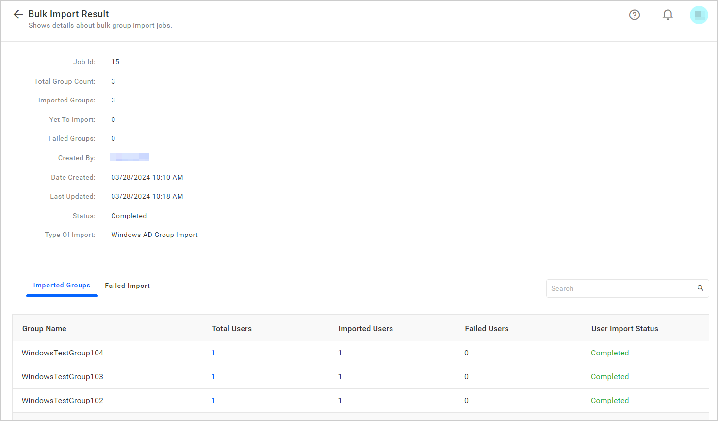 Bulk user import job details page