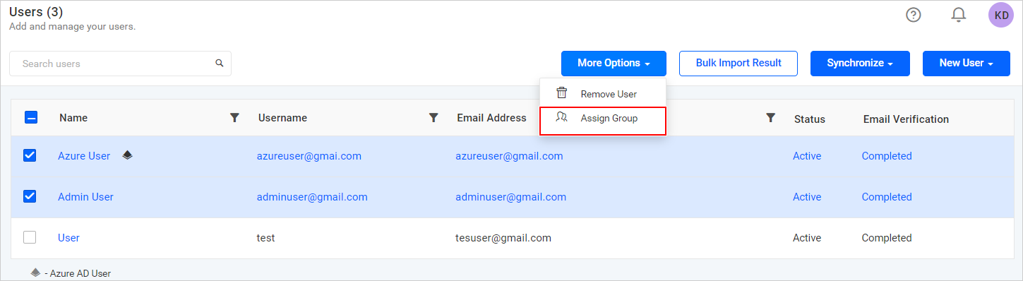 Assign group to selected users