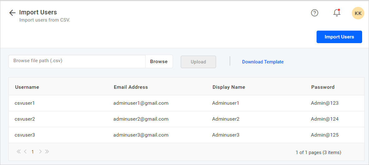 Import from CSV - User detail in grid