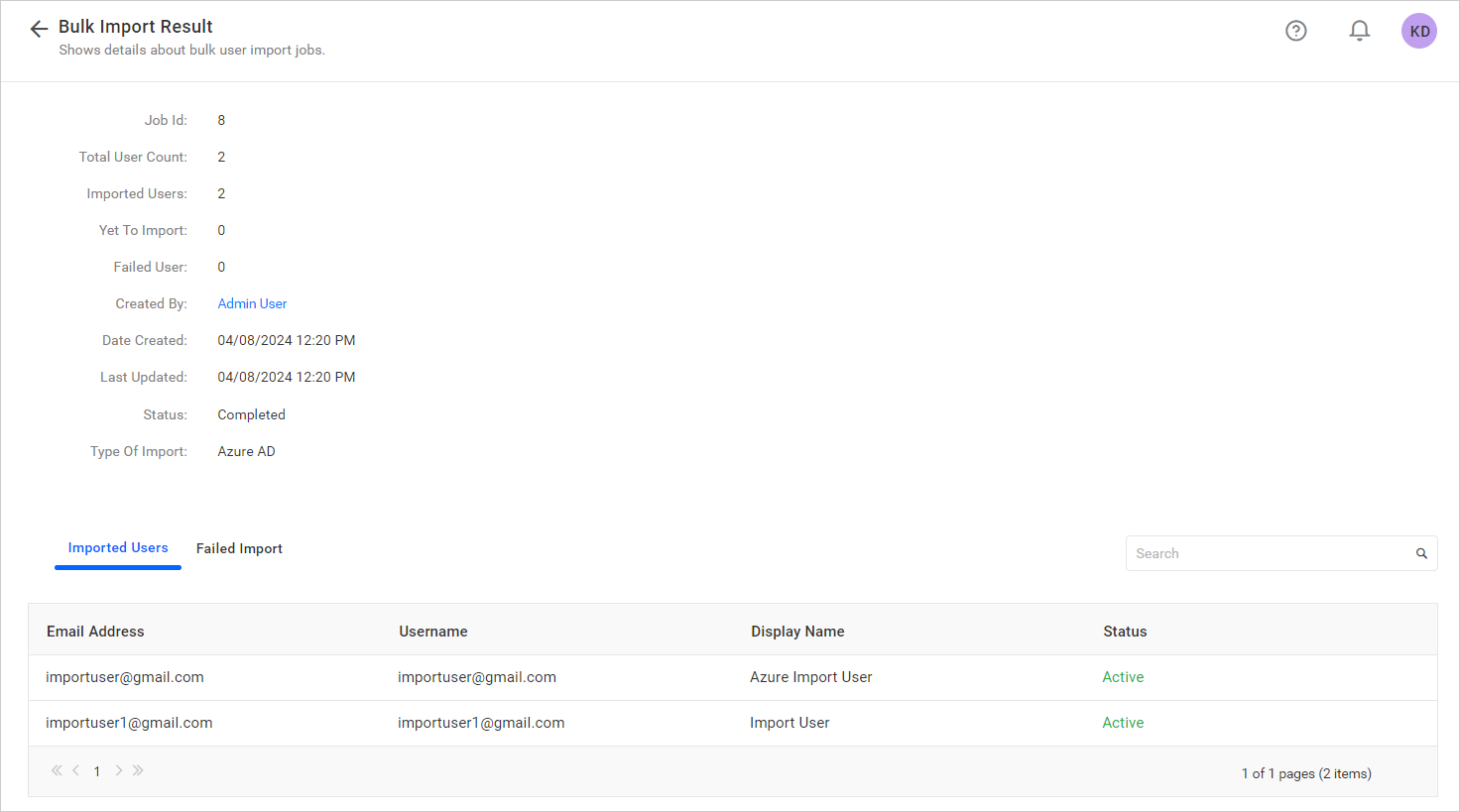 Bulk user import job details page