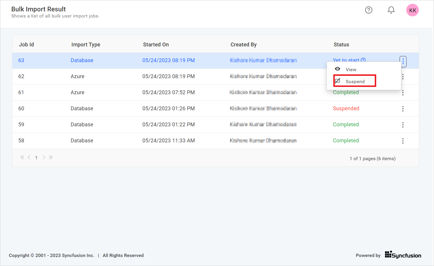 suspend Bulk Import Job Details toast