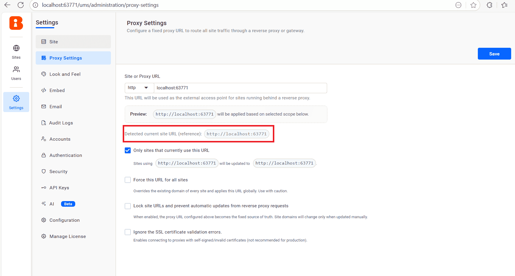 Detected Current Site URL