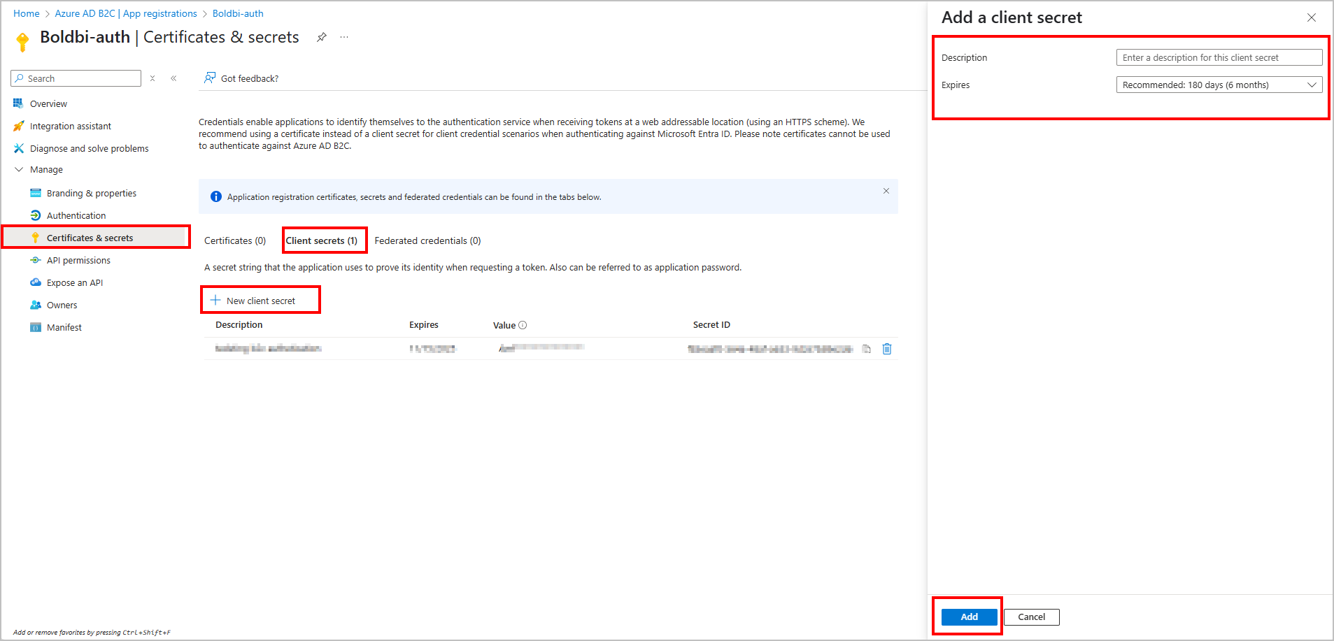 Azure B2C create client secret