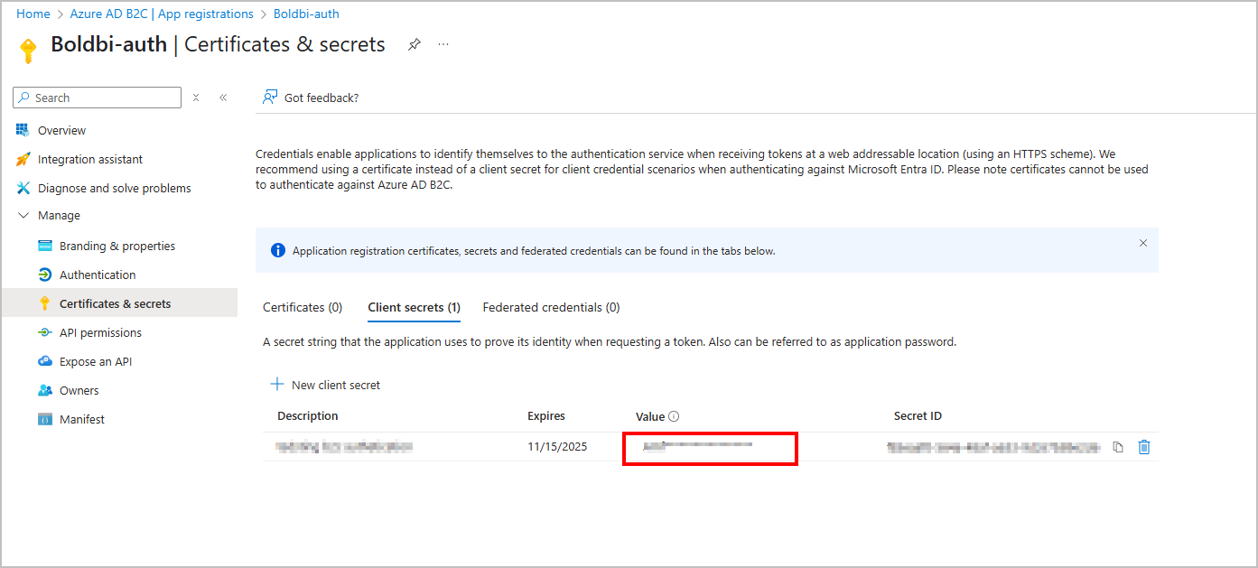 Azure B2C copy client secret