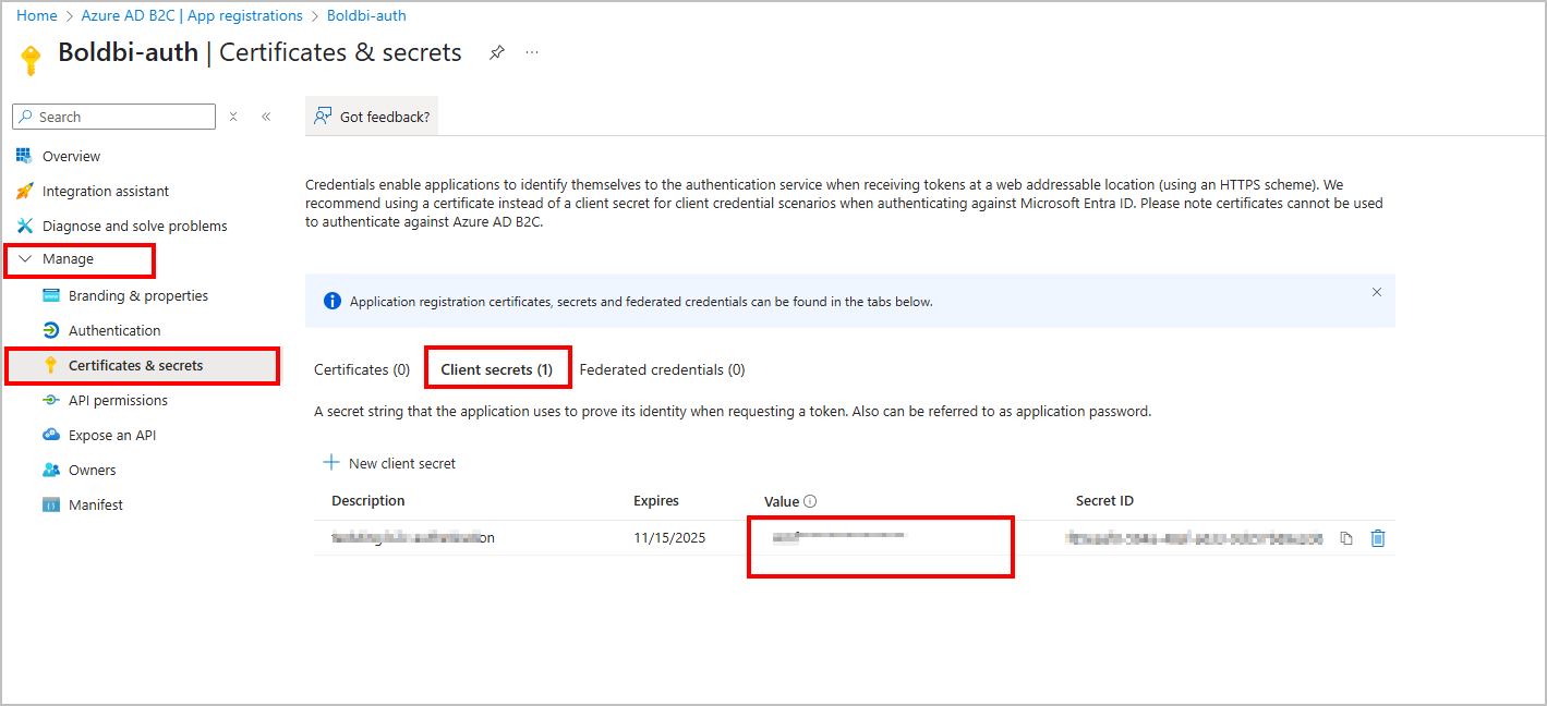 Azure AD B2C settings client secret