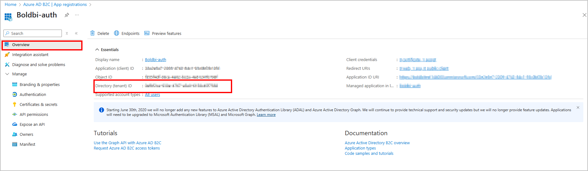Azure AD B2C settings tenant id