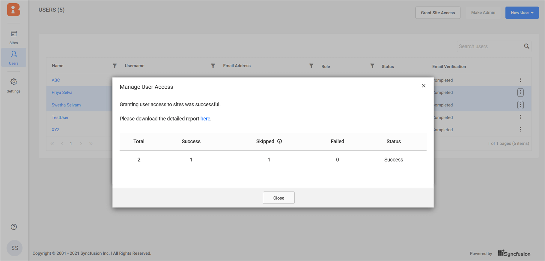 Grant Access Select Sites