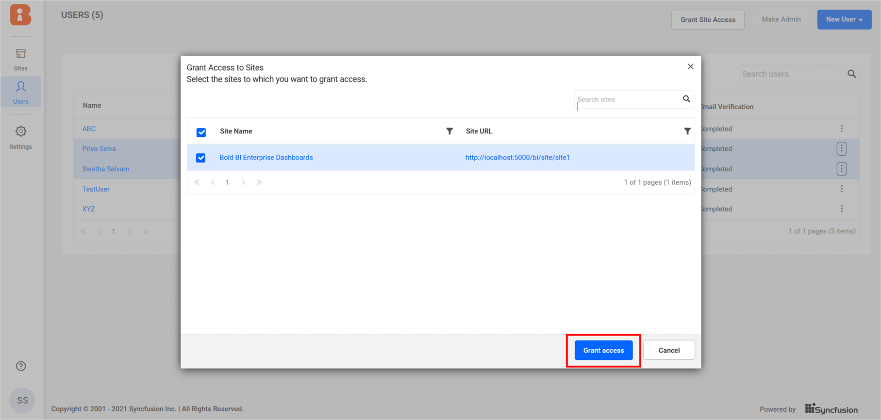 Grant Access Select Sites