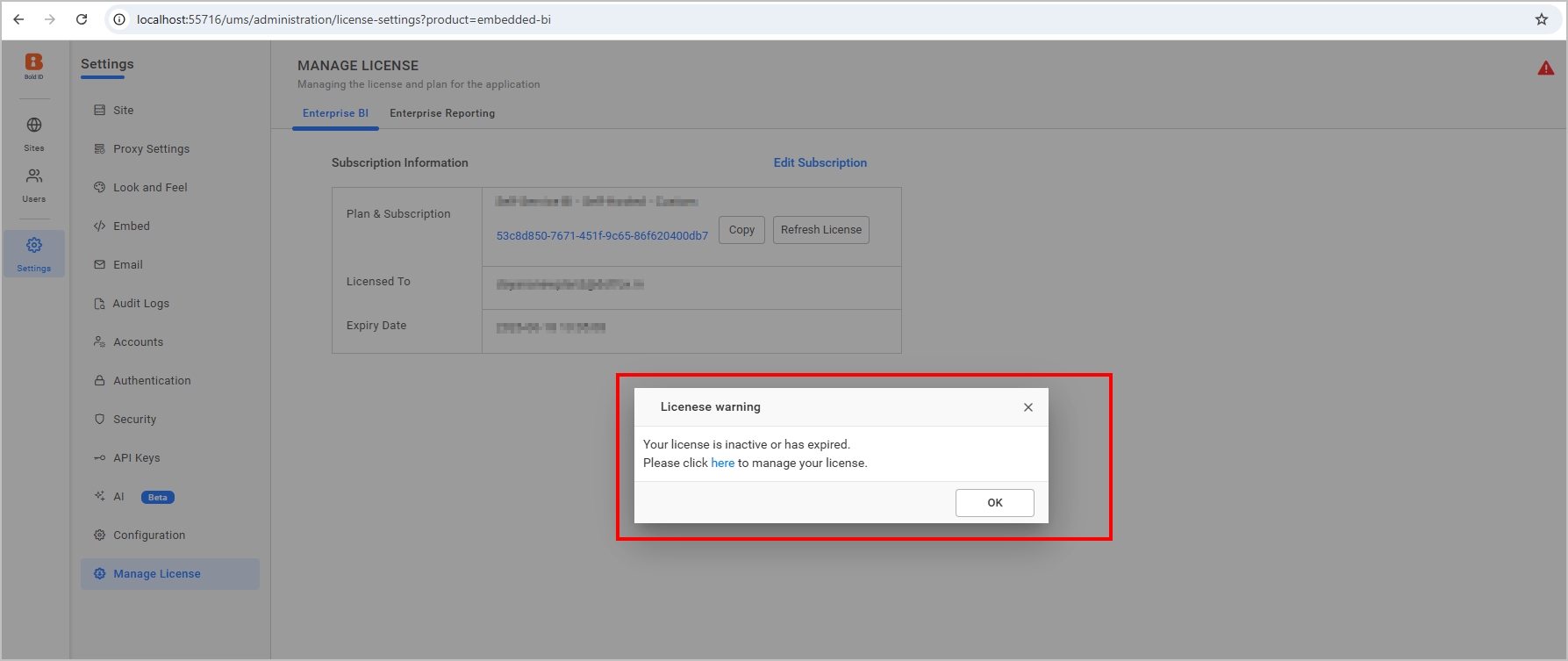 License warning icon popup