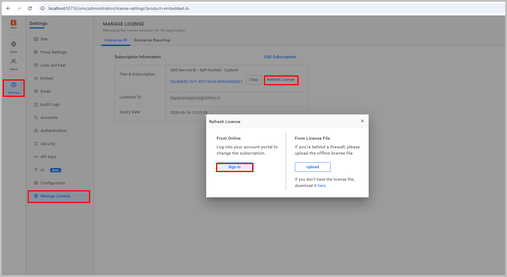 License Update Settings