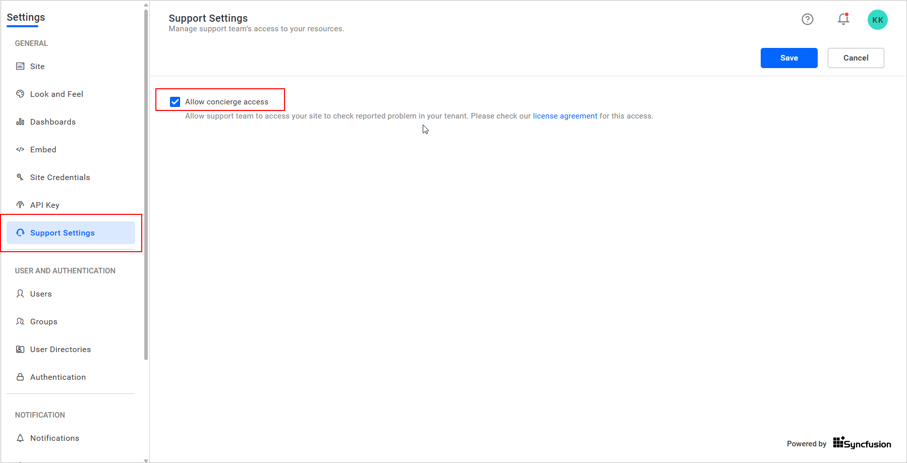 Concierge support settings