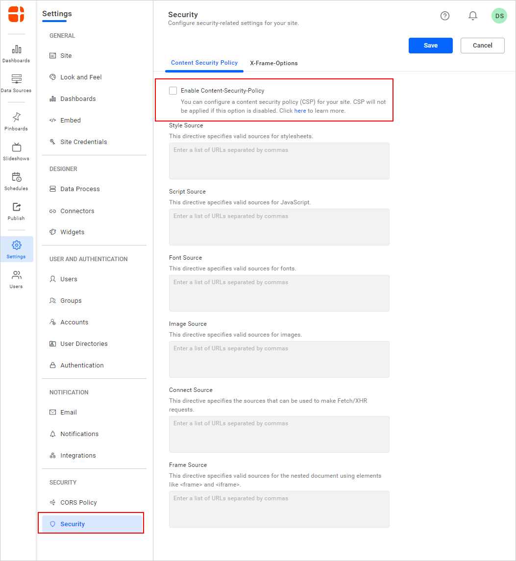 Content Security Policy settings