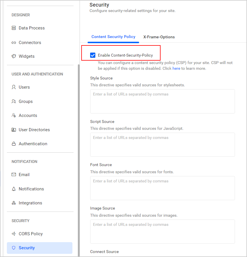Enabled Content Security Policy settings