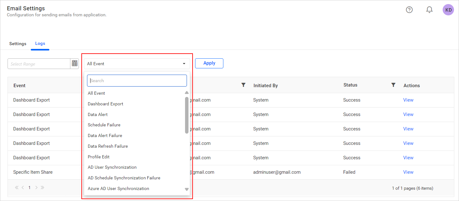 Email Event Dropdown
