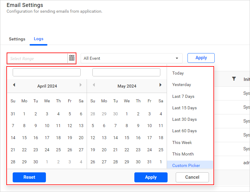 Email Logs Date Range
