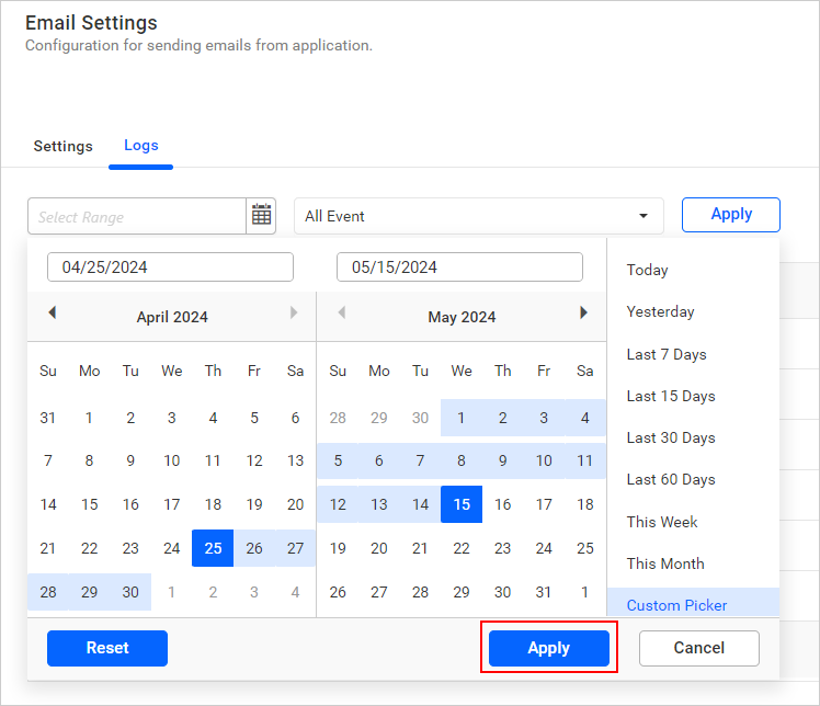 Email Logs Date Range Apply