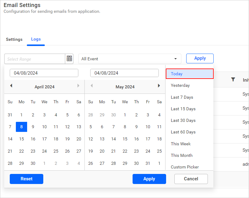 Email Logs PreSet Range