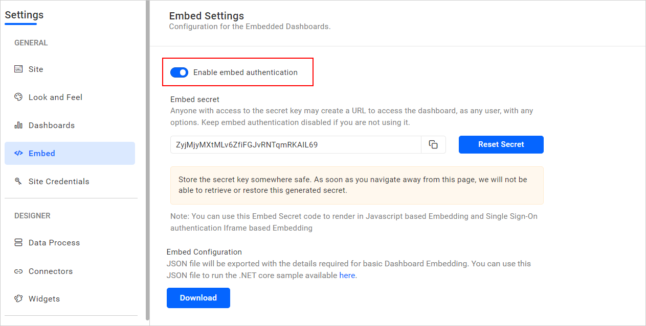 Enable embed authentication