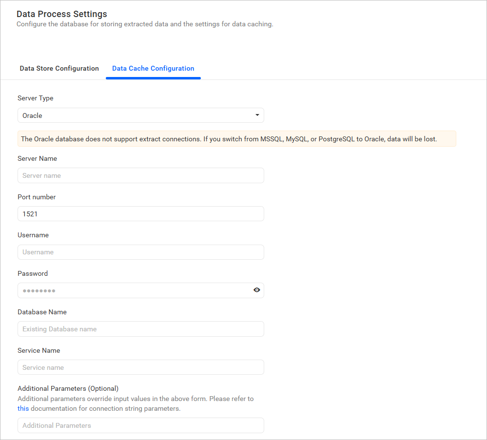 Oracle data store settings