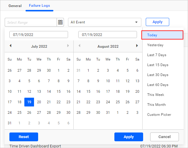 Webhook Failure Logs PreSet Range
