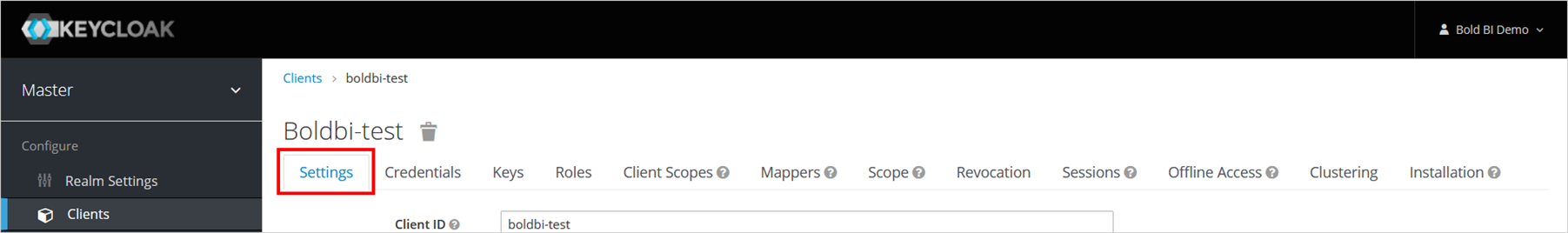 Keycloak Settings Option