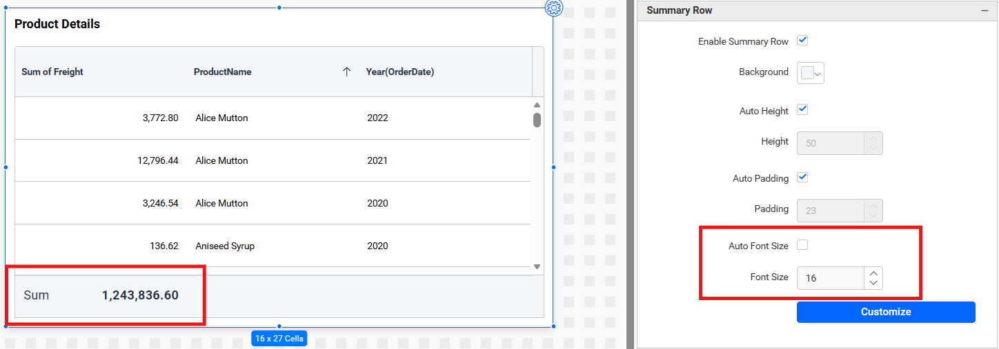 Summary Row Font Size