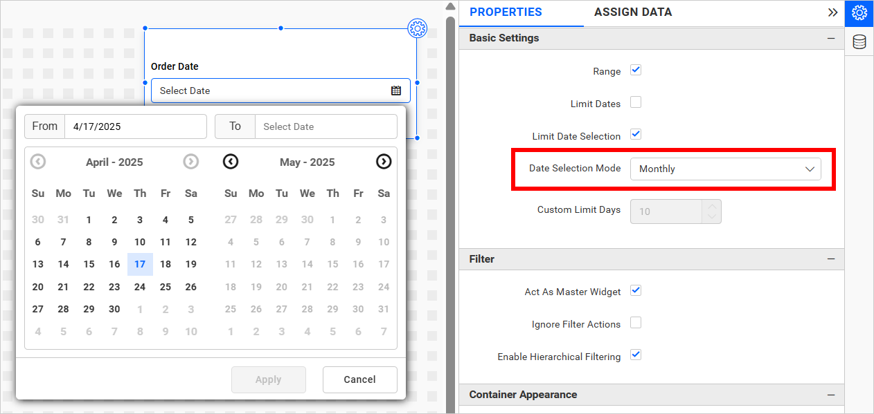 Monthly Date Selection Mode