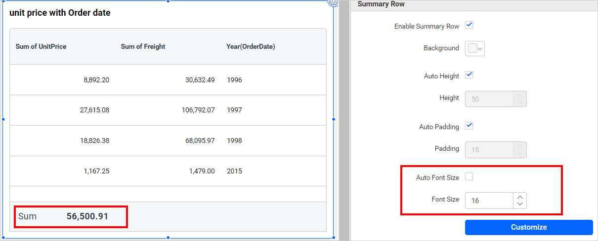 Summary Row Font Size