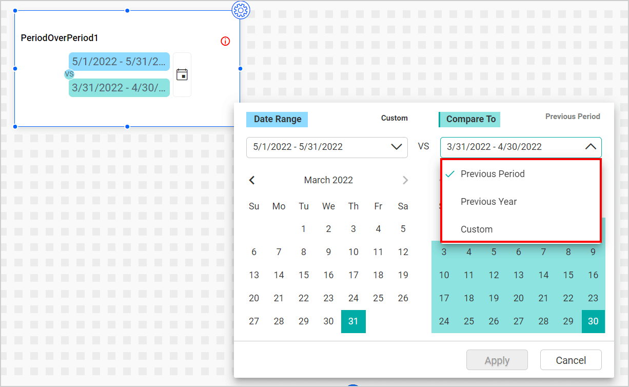date range relative items for period over period