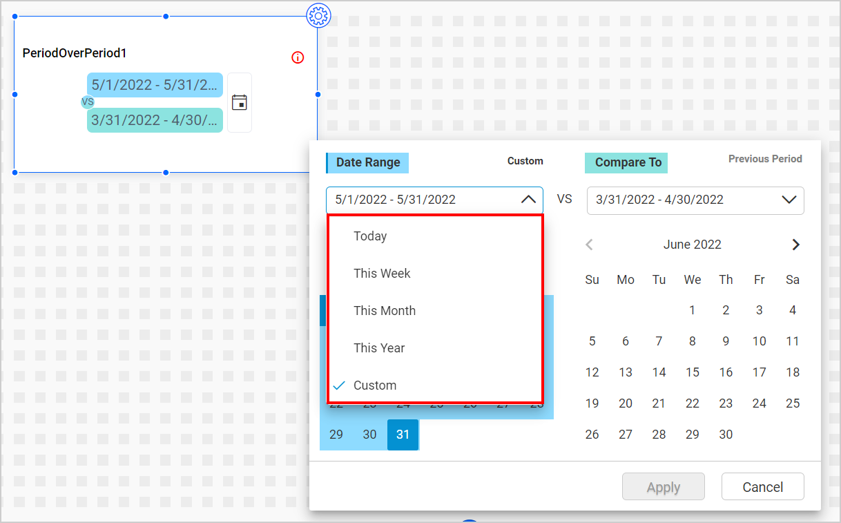 date range relative items for period over period