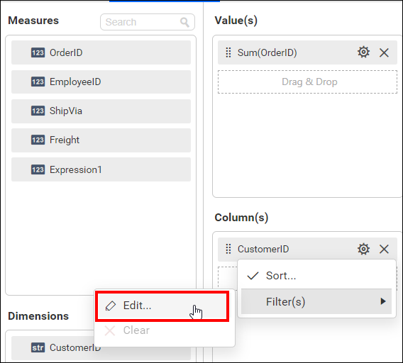 configuring dimension filter for column
