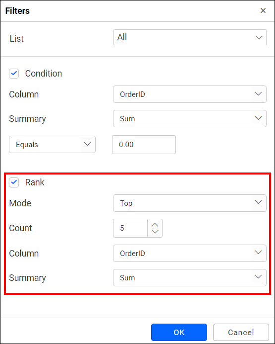 rank filter option of dimension filter