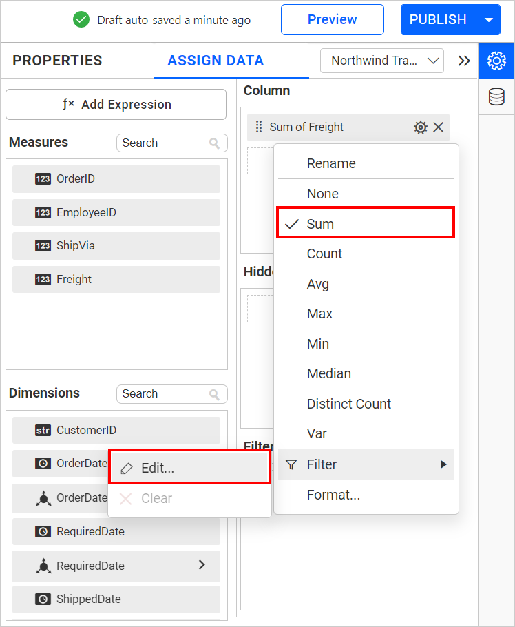 configuring filter for measure colum