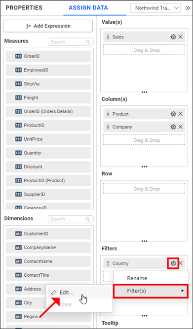 Configure manual filter section