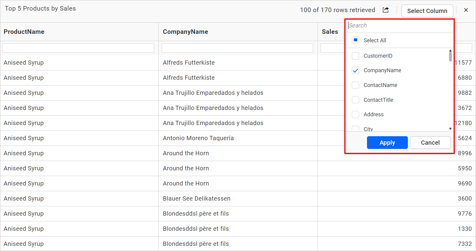 Select column list box