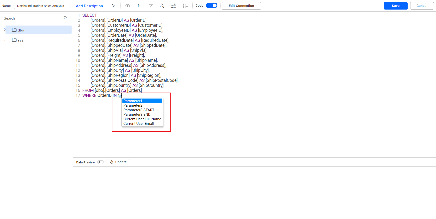 Use dashboard parameter in code view