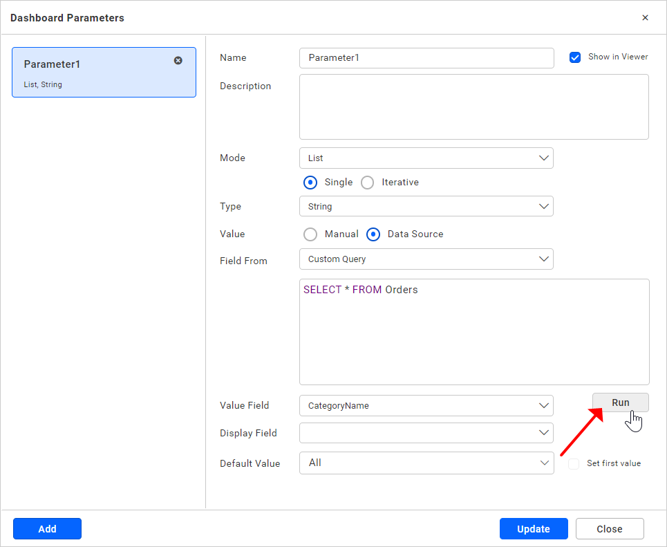 List data source Custom Query